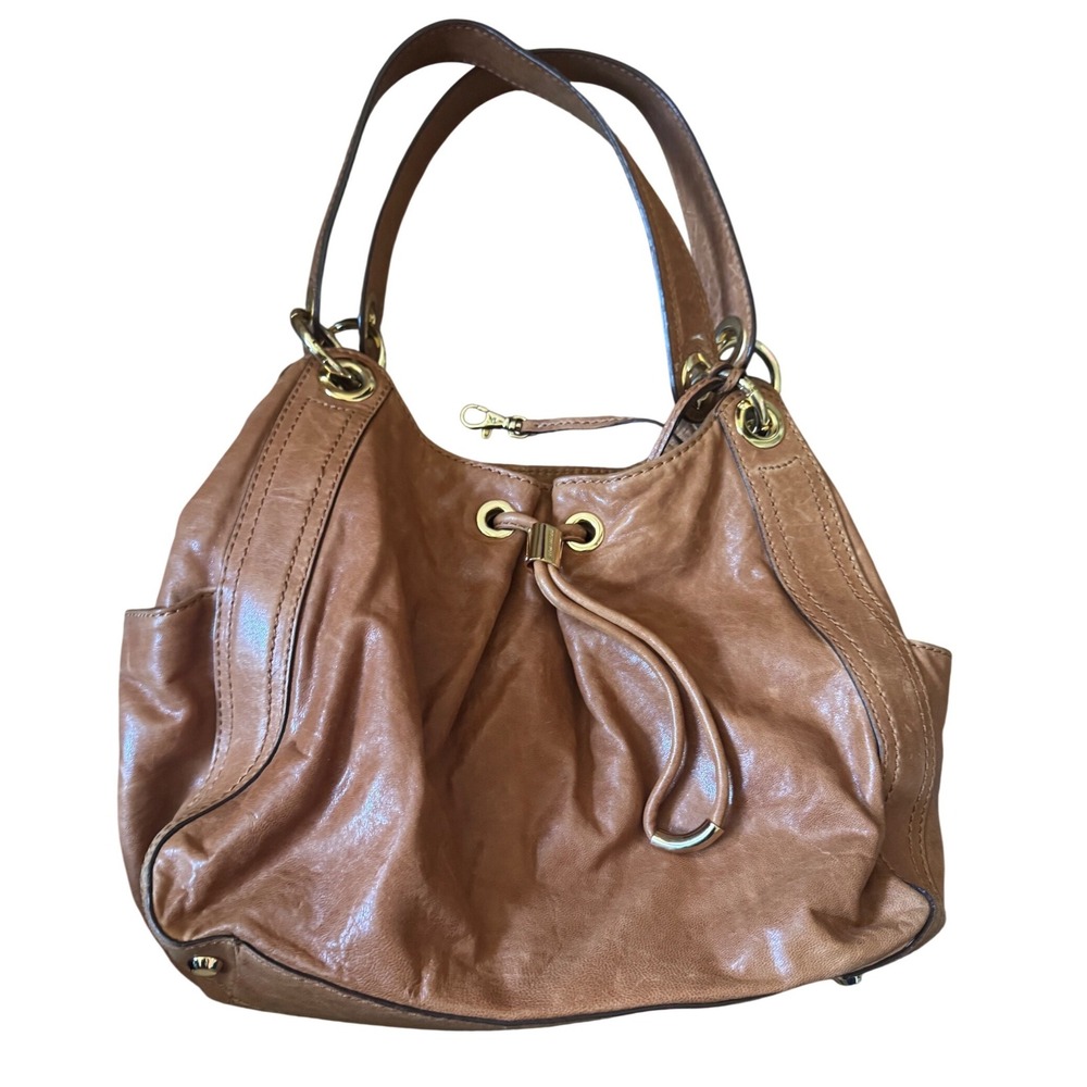 Michael Kors Leather Cognac Slouchy Drawstring Gold Tone Hardware Tote Bag - Picture 2 of 12